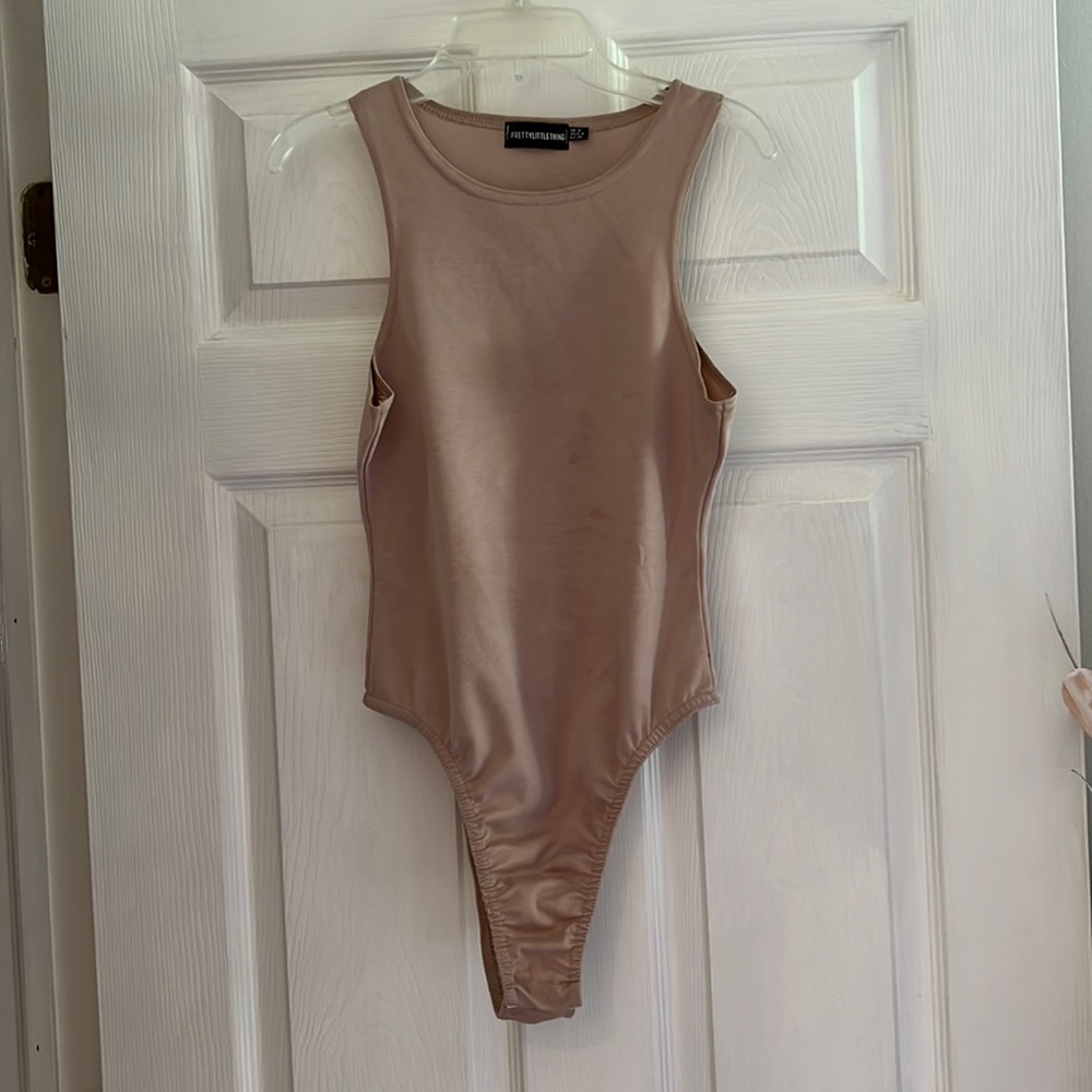 Tan Halter High-Neck Tank Thong Bodysuit